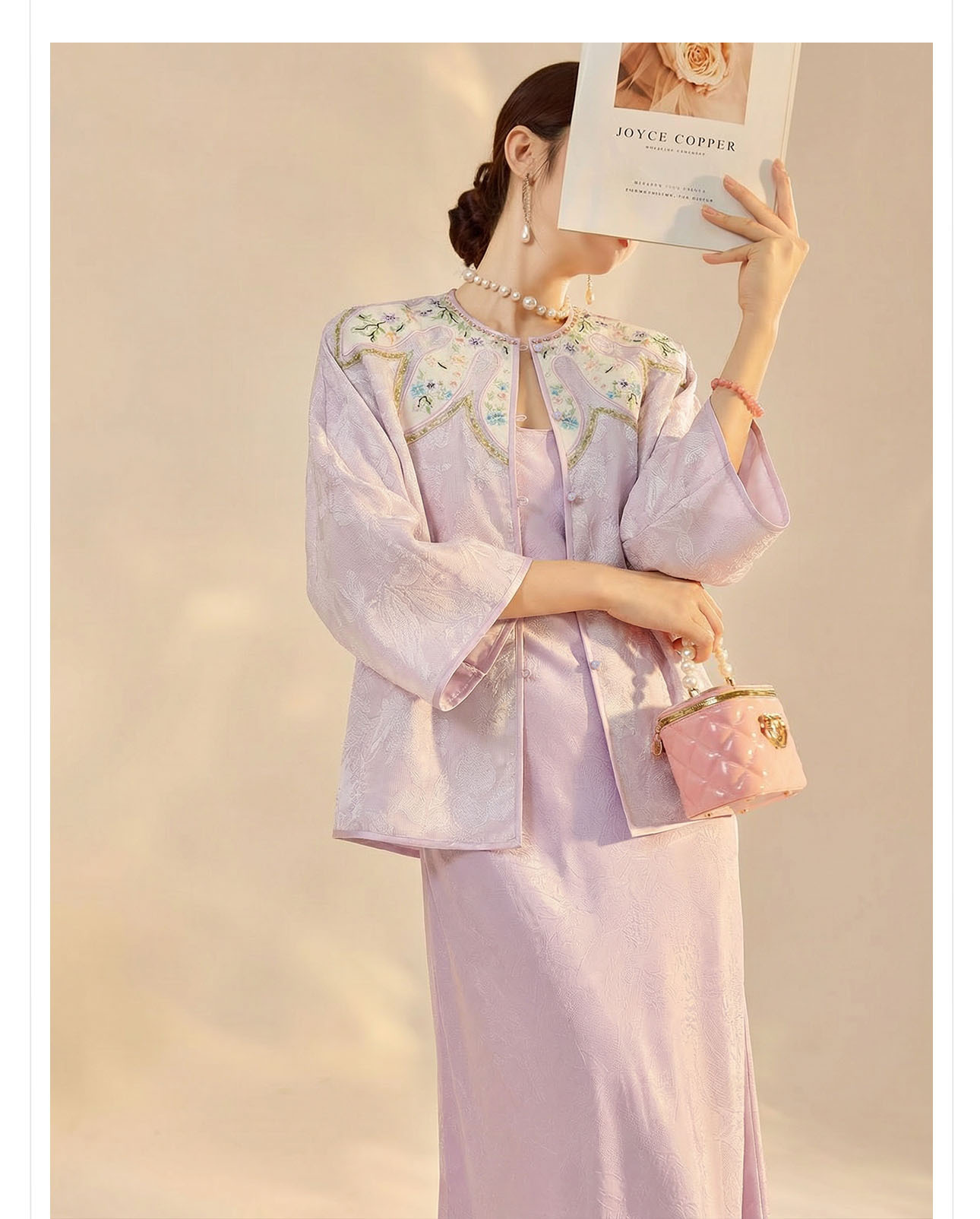 Áo sơ mi nữ thêu hoa kiểu Trung Hoa mới, phong cách cổ điển, nút áo jacquard sang trọng — màu tím nhạt chi tiết 10
