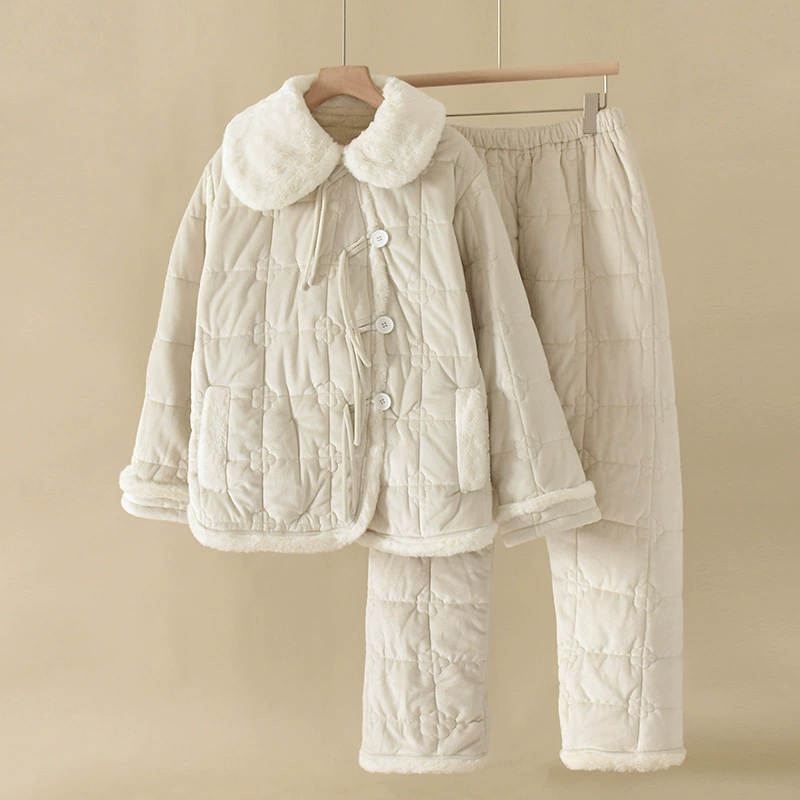 Бежевый волосатый воротник толстая пижама для женщин зимой трехслойный ватный набор коралловый бархат теплая домашняя одежда