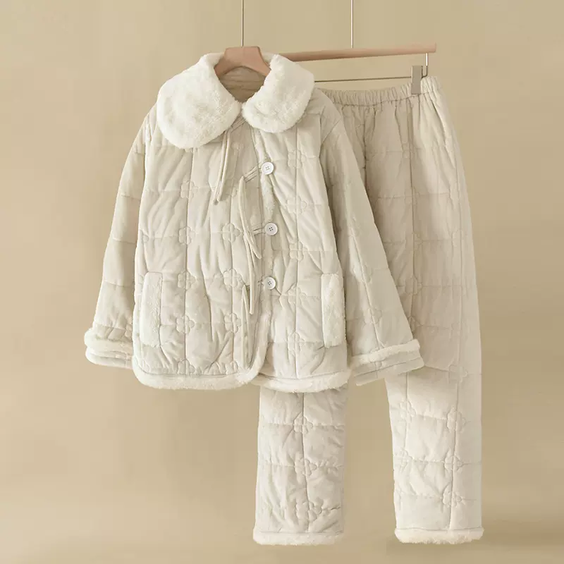 米色毛毛领加厚睡衣女士冬季三层夹棉套装珊瑚绒保暖家居服