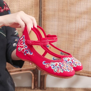 Spring and Autumn Shallow Mouth Round Toe Canvas Embroidered Cloth Shoes with One-word Buckle Mother Shoes Women's Shoes Single-layer Shoes