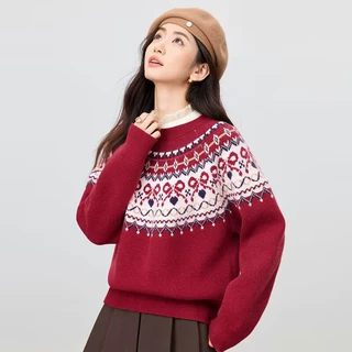 亚马逊跨境女装圆领毛衣复古撞色显瘦百搭冬季保暖针织衫毛线上衣