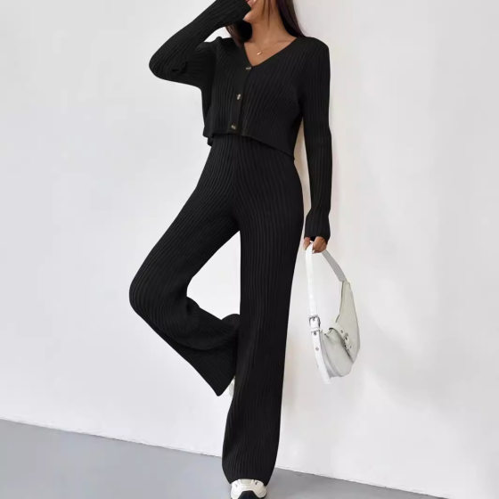 European and American Cross-border Autumn and Winter New Fashion Casual Straight Pants Elegant Loose V-neck Pit Knitted Two-piece Suit