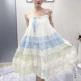 韩版夏季裙子女碎花拼接蓝格子吊带裙拼接连衣裙