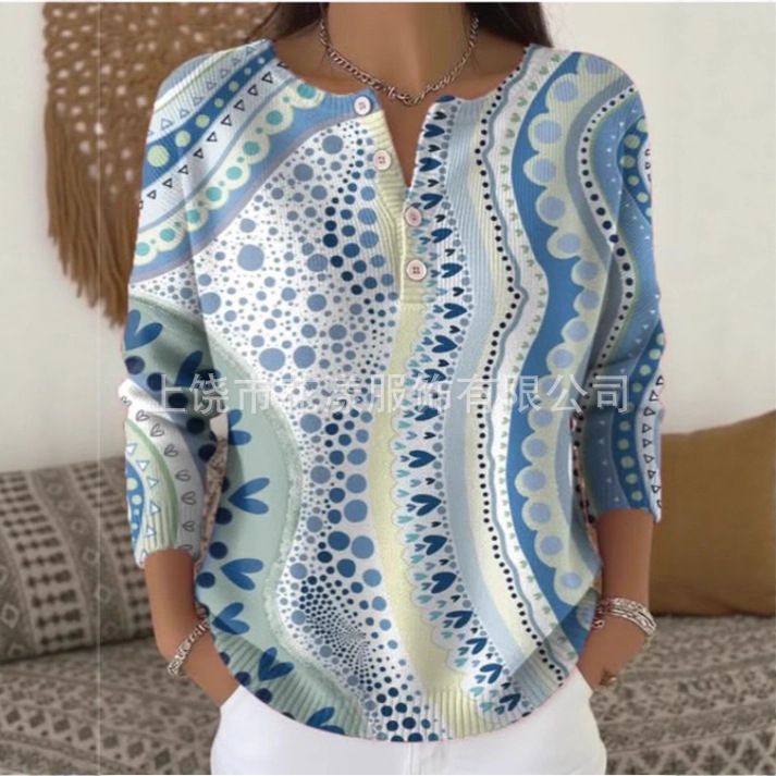 （粗针拉条）亚马逊独立独新款复古3D数码印花四扣立领Polo卫衣