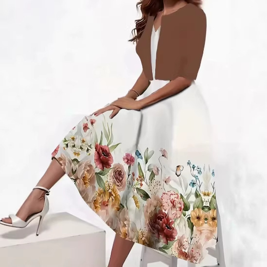 2026 European and American Cross-Border Amazon Spring and Summer Long Dress Coat Floral Print Round Neck Women's Dress Two-Piece Set 2026 European and American Cross-Border Amazon Spring and Summer Long Dress Coat Floral Print Round Neck Women's Dress Two-Piece Set