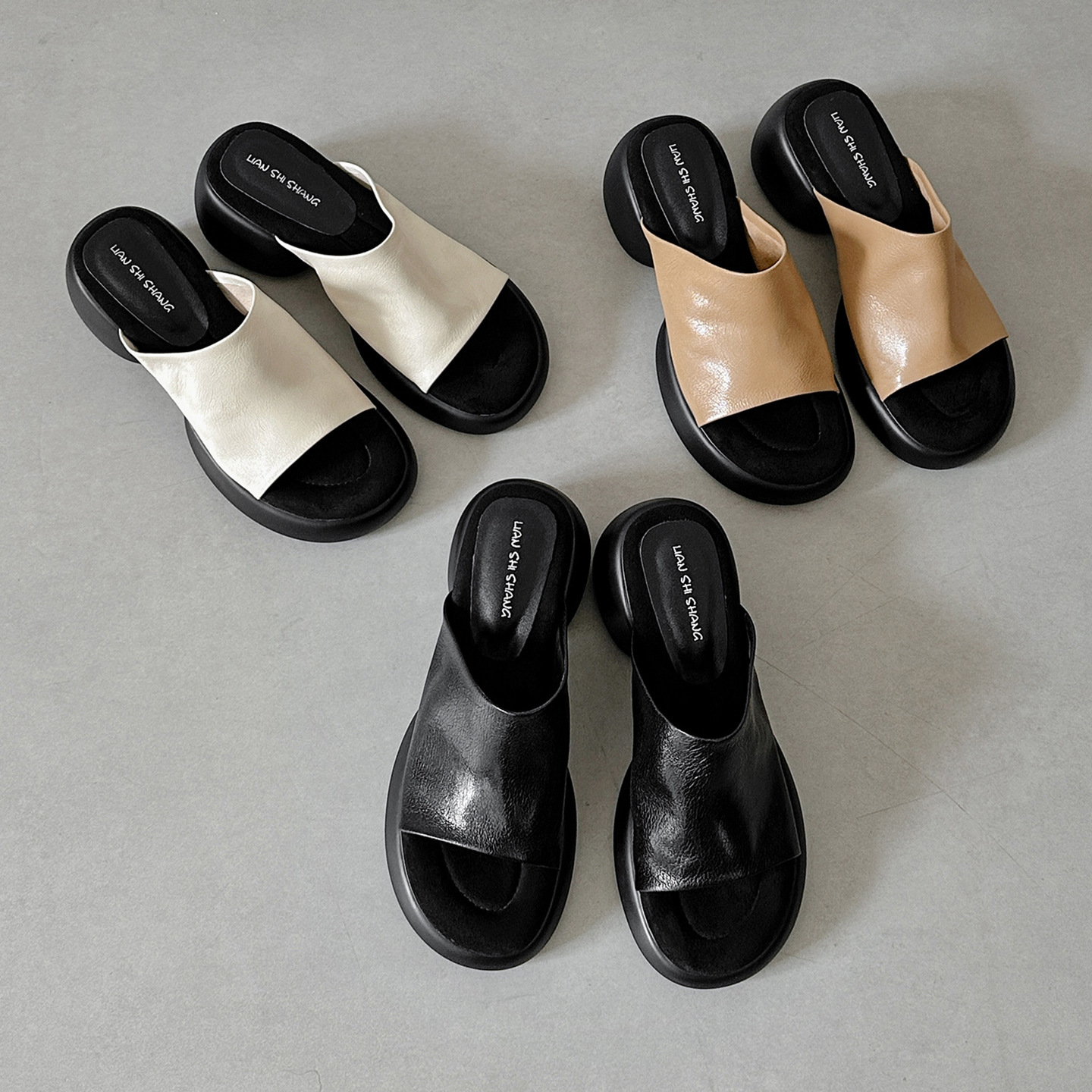 Dép lê nữ da cừu đế dày 7 cm, sandal hở mũi tăng chiều cao — đen