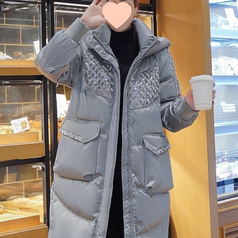 White Velvet Classy Stand-Up Collar Hooded Warm Glossy down Jacket over the Knee Women's Winter 2025 New Sequin Jacket Trend White Velvet Classy Stand-Up Collar Hooded Warm Glossy down Jacket over the Knee Women's Winter 2025 New Sequin Jacket Trend