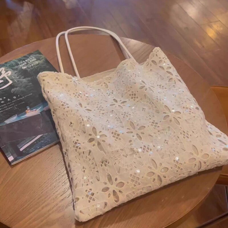 Handbag White Sequin Lace Bag Hollow Design Large Capacity Commuter Tote Bag Portable Underarm Bag Shoulder Bag Handbag White Sequin Lace Bag Hollow Design Large Capacity Commuter Tote Bag Portable Underarm Bag Shoulder Bag