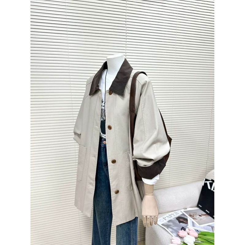 设计感撞色卡其色风衣外套女2025春秋新款小个子宽松休闲工装大衣|undefined