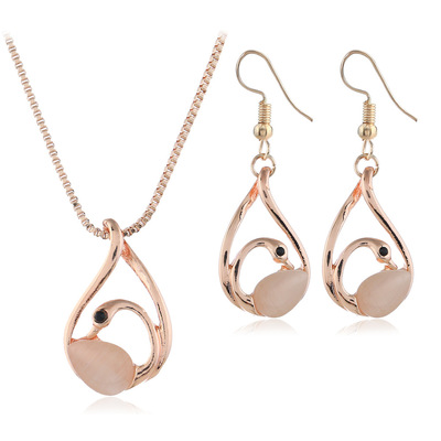 跨境电商热销水滴形天鹅镶猫眼石项链耳环首饰套装jewelry set|ms