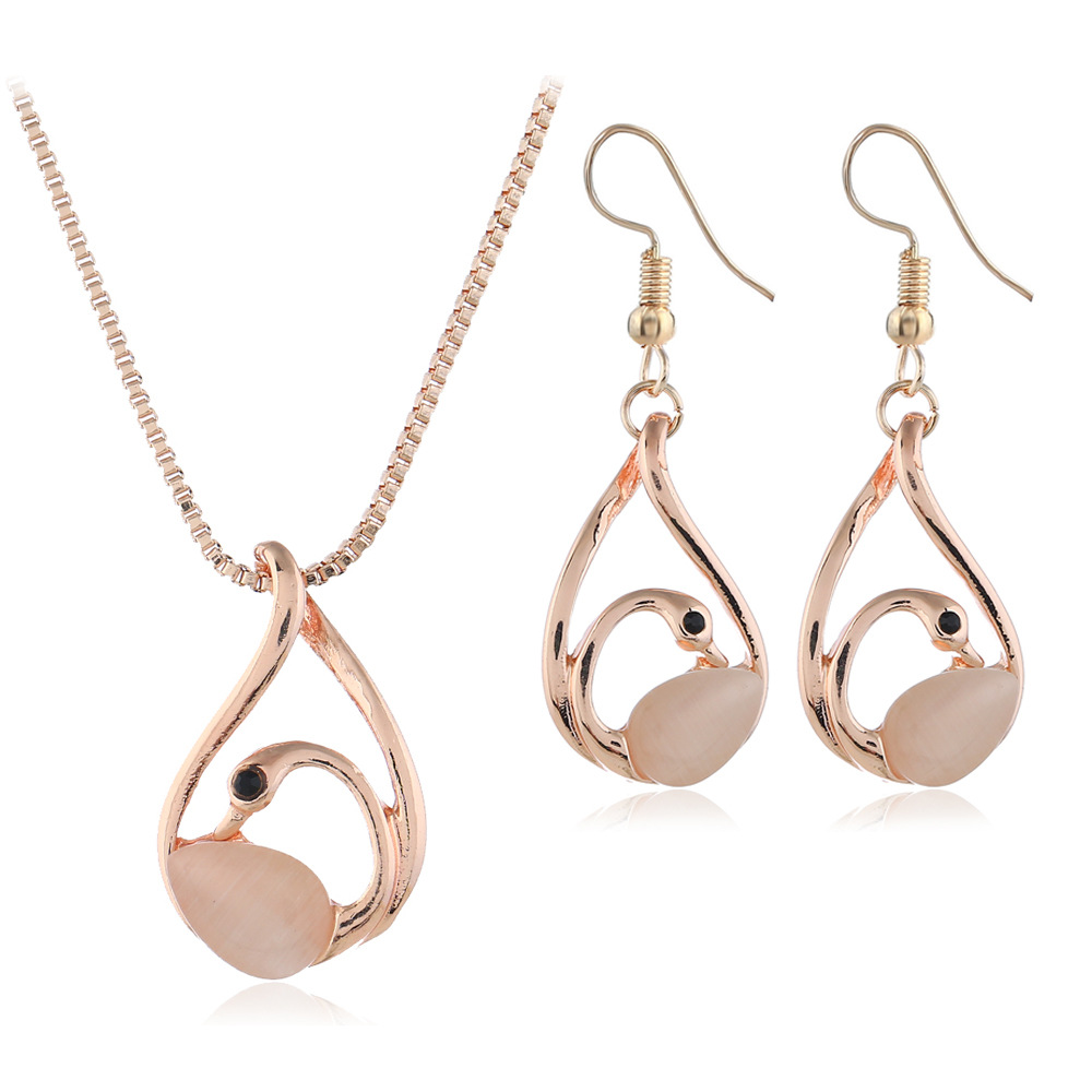 跨境电商热销水滴形天鹅镶猫眼石项链耳环首饰套装jewelry set|ms