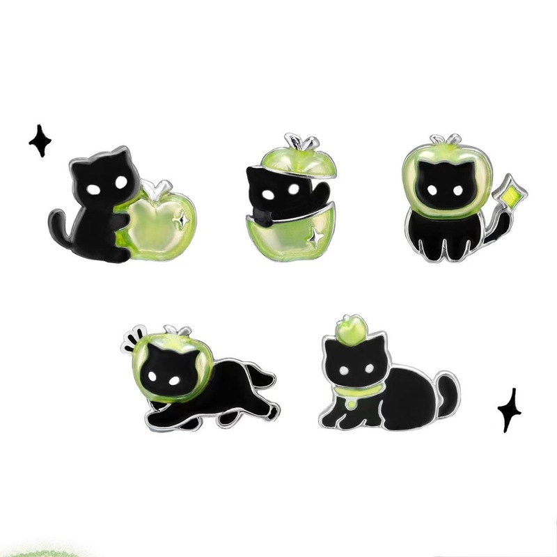 敲可爱！黑猫青苹果耳钉小众甜酷高级耳环耳饰|undefined