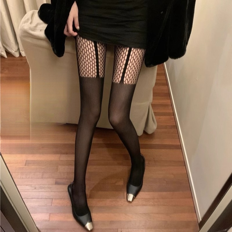 High-Barrel Stitching Fake Thigh Black Stockings Women's Hollow Fishnet Stockings Knight Fake Halter Stockings Long Barrel Pants Bottoming Boot Stockings