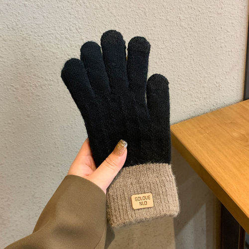 Knitted touch screen gloves for women autumn and winter warm anti-slip velvet gloves thickened Korean style unisex woolen gloves