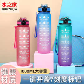 1000ML渐变色水杯高颜值塑料运动水壶弹跳吸管杯大容量磨砂太空杯