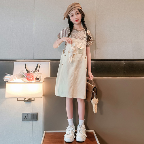 Baby Girl Harness Dress Autumn Set  Korean Style Children's Fashion Cute Dress for Big Kids Spring Outfit Two-Piece Set
