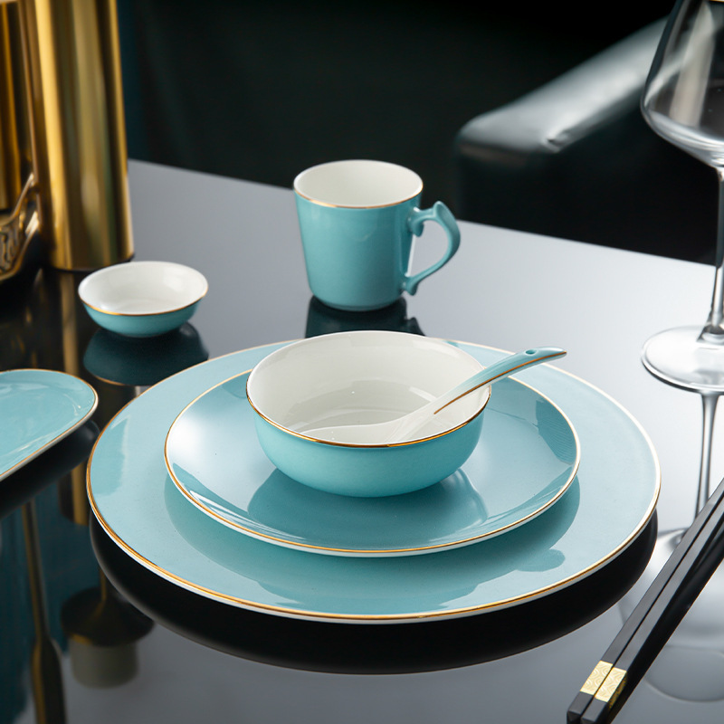 Wholesale light luxury gray blue ceramic fine golden edge plate Western tableware suit cake plate Hotel Club home dessert