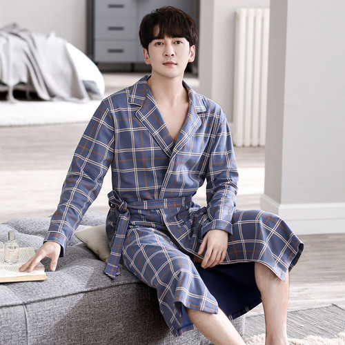 Men's Spring and Autumn Cotton Long-Sleeve Pajama Set Loose Plus Size Open Cardigan Check Mid-Length Robe Homecoming Clothes