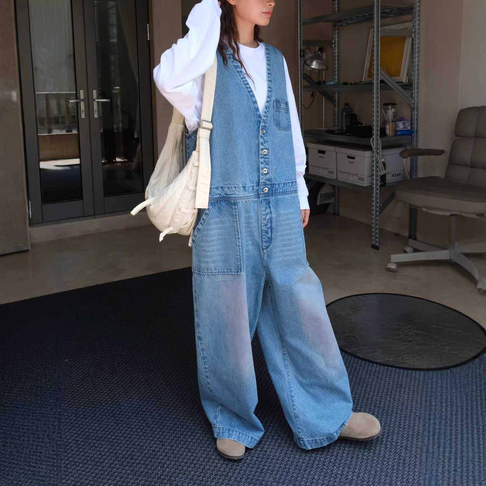 叙漫秋季新款?日系时髦减龄水洗牛仔背带裤宽松挺括休闲长裤女