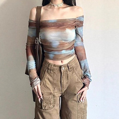女性用ワンショルダーTシャツ、春スリムフィットトップ、グラデーションへそ出し長袖ボトムシャツ、2025年夏新スタイル