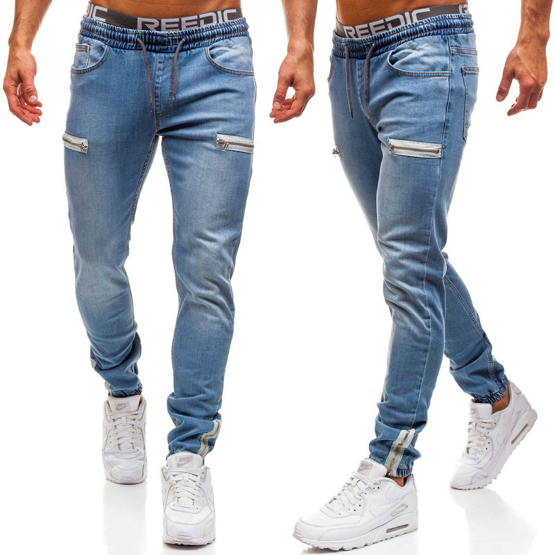 Foreign trade popular European and American men's Denim fabric casual frosted zipper design sports fashion casual jeans men