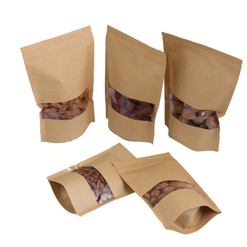 Brown Kraft Paper Bag with Sanding and Window Opening Yellow Jujube Food Packaging Bag Tea Bag Brown Kraft Paper Self-Standing Self-Sealing Bag