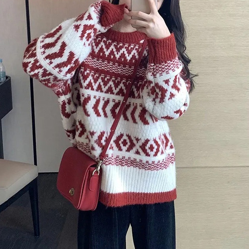 Autumn/Winter Red Christmas Chic Petite Women's Retro Loose Outerwear Lazy Style Knit Top