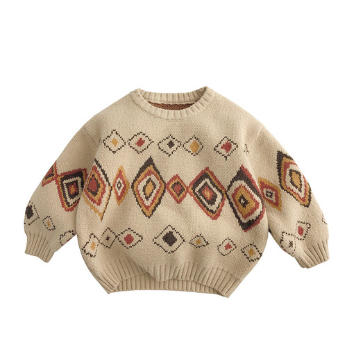 Graffiti rhombus ~ personalized contrasting color children's sweater autumn and winter Korean style men's and women's retro sweater pullover loose forest