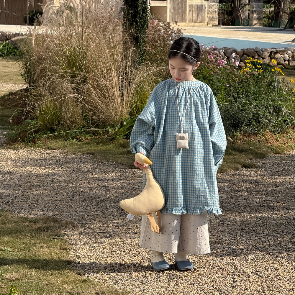 Children's Dress 2026 Spring Style Korean Style Lace Plaid Long Skirt for Baby Girls Kidsren's Long-Sleeved Casual Loose Blouse Dress