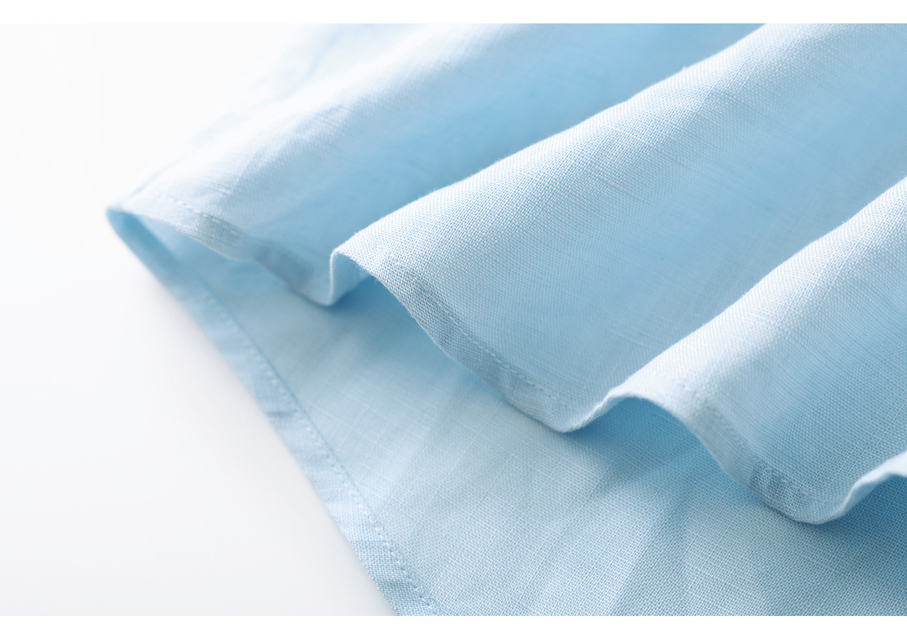 Áo sơ mi nữ chất liệu linen phối màu tay ngắn phong cách Pháp — màu xanh nhạt chi tiết 29