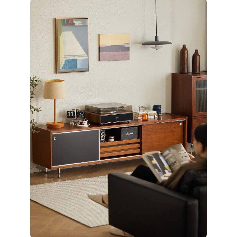 Simple Solid Wood Tv Cabinet Floor Cabinet Display Cabinet Storage Cabinet Multi-Functional Long Cabinet Stainless Steel Leg Cabinet