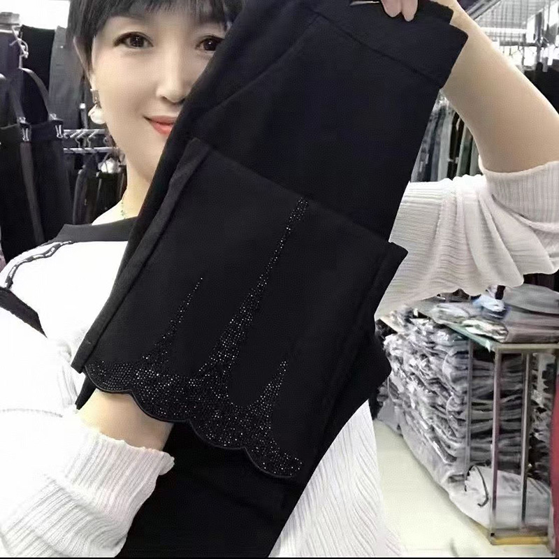 Summer High-End Style Cropped Flared Pants with Rhinestones, High-Waisted, Versatile, Elastic Waist, Drapey Mom Pants