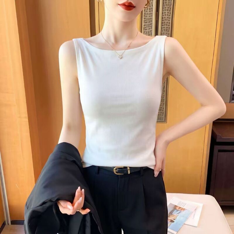 Summer New Style One-Shoulder Boat Neck Camisole Vest for Women, Suitable for Wearing under a Blazer or as an Outerwear, Casual Sleeveless T-Shirt Base Top Summer New Style One-Shoulder Boat Neck Camisole Vest for Women, Suitable for Wearing under a Blazer or as an Outerwear, Casual Sleeveless T-Shirt Base Top