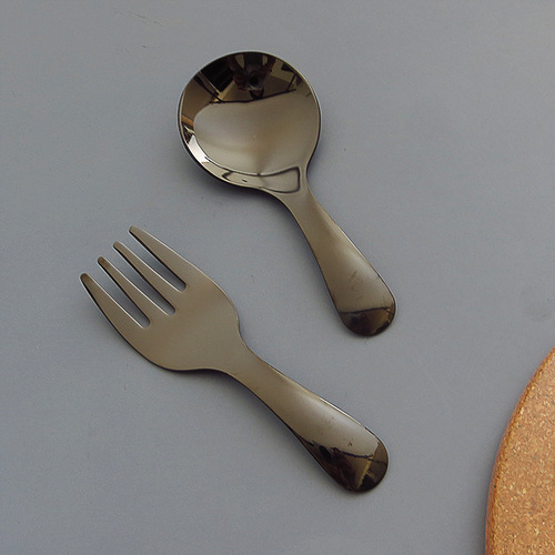 Stainless steel 304 tea spoon with high aesthetic snow cream dessert spoon fruit noodle fork cute baby short handle round head spoon