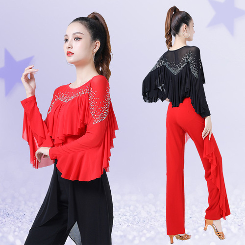 Jitterbug clothing women's new diamond-encrusted ruffle dance costumes ballroom dance square dance practice clothes Latin dance tops