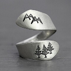 跨境wish歐美新款鍍s925泰銀手拉絲山峰綠樹森林纏繞戒指