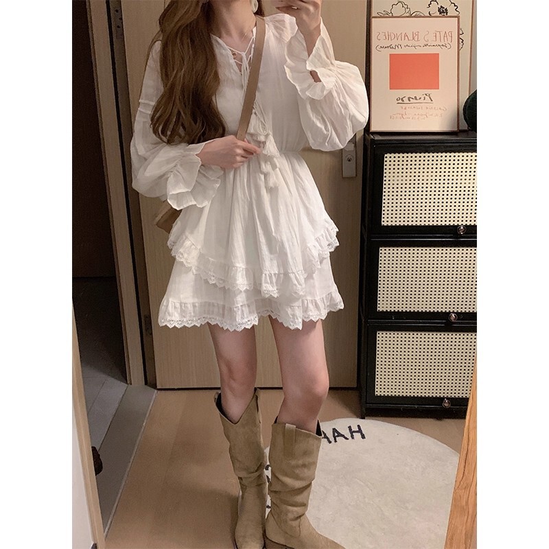White Long-Sleeved Dress for Women in Autum Super Fairy Lace Cake Skirt French Sweet A-Line Puffy Skirt White Long-Sleeved Dress for Women in Autum Super Fairy Lace Cake Skirt French Sweet A-Line Puffy Skirt