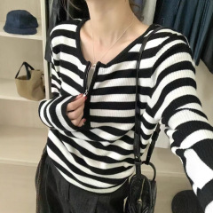 早秋韩系假两件条纹毛衣2025广州13行新款慵懒极简上衣女外贸批发