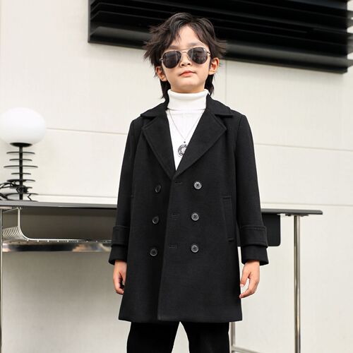 Double-breasted winter coat for boys, stylish plush woolen overcoat, thick children's reversible collar, mid-length woolen jacket