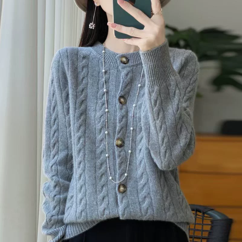 Шерстяной кардиган, свитер, куртка с круглым воротом, oversize