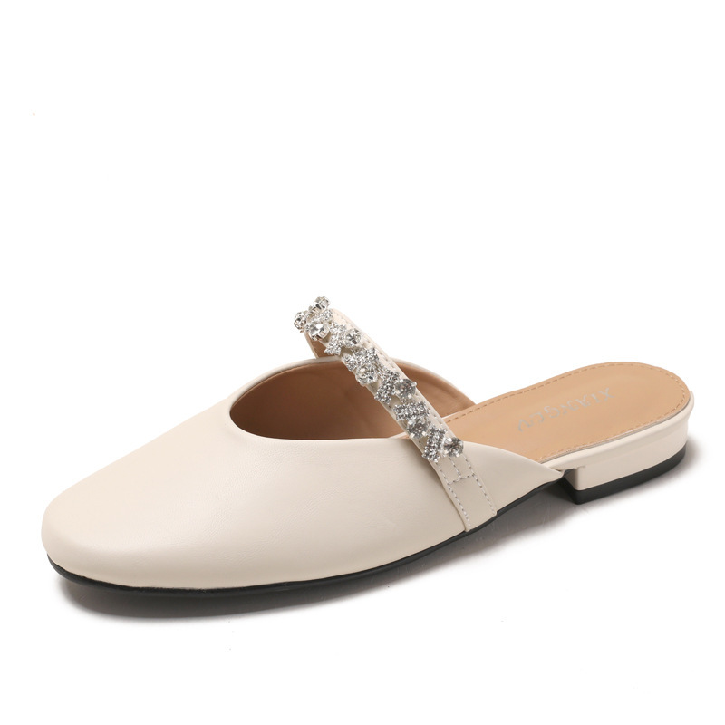 French Rhinestone Toe-Cap Half Slippers for Women's Summer Outer Wear Without Heel and Hollow Back Flats Thick Heel Mule Sandals for Women Ms9727 French Rhinestone Toe-Cap Half Slippers for Women's Summer Outer Wear Without Heel and Hollow Back Flats Thick Heel Mule Sandals for Women Ms9727