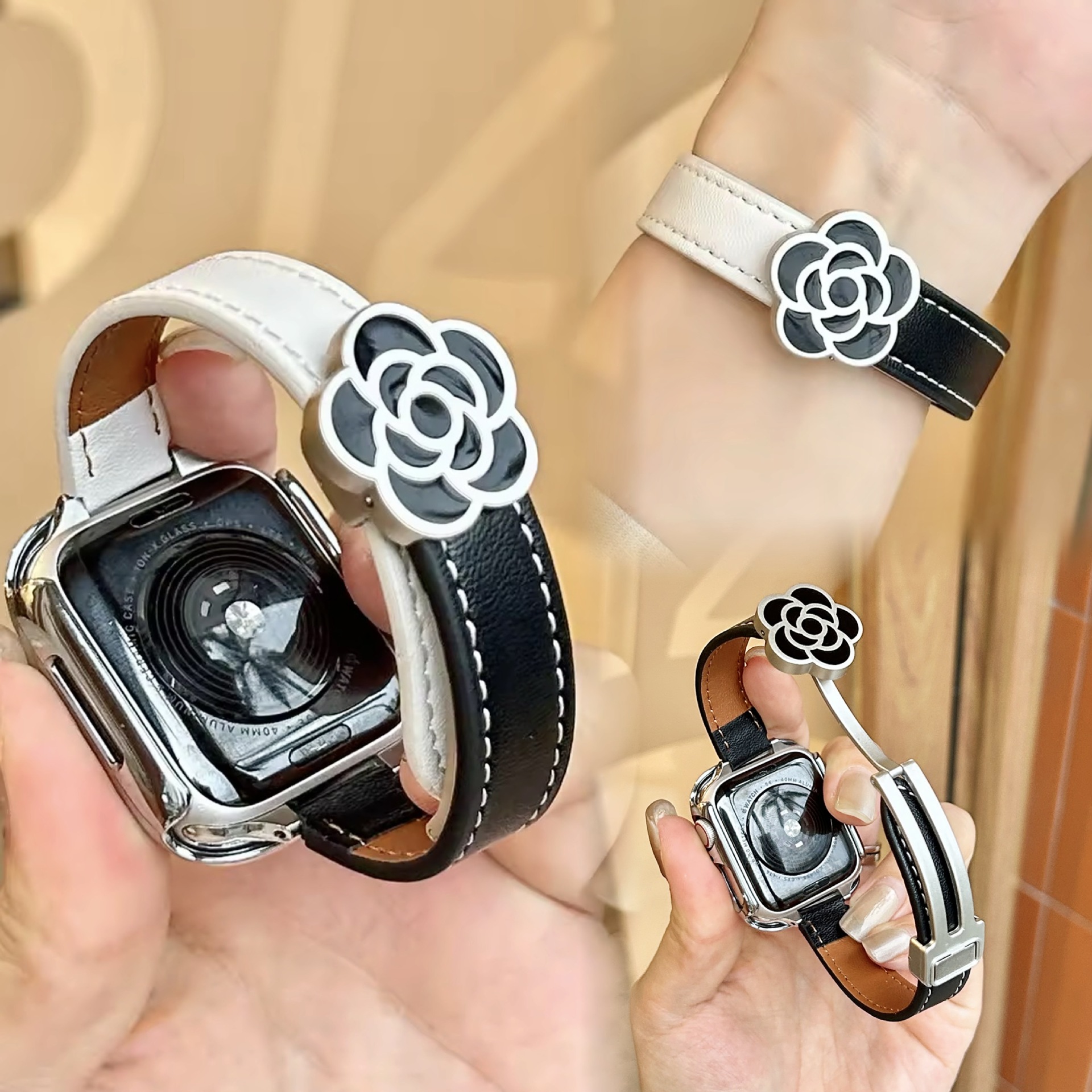 Suitable for Apple Watch Applewatch Camellia Foldableing Magnetic Buckle Strap Iwatchs10 Leather Strap