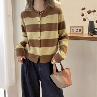 宽松时尚撞色条纹100%羊毛开衫女秋冬圆领毛衣外套拼色针织打底衫