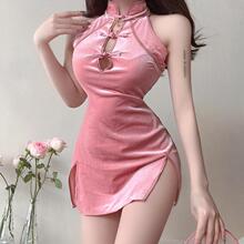 实价 性感国风复古盘扣旗袍短裙开叉超短丝绒镂空立领连衣裙