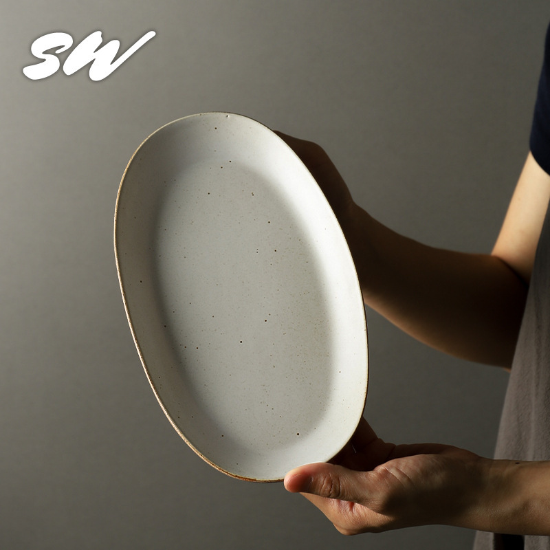 Sanwu Retro Flat Plate Ceramic Oval Plate Creative Home High-End Dish Plate Fish Plate Restaurant Steak Tableware