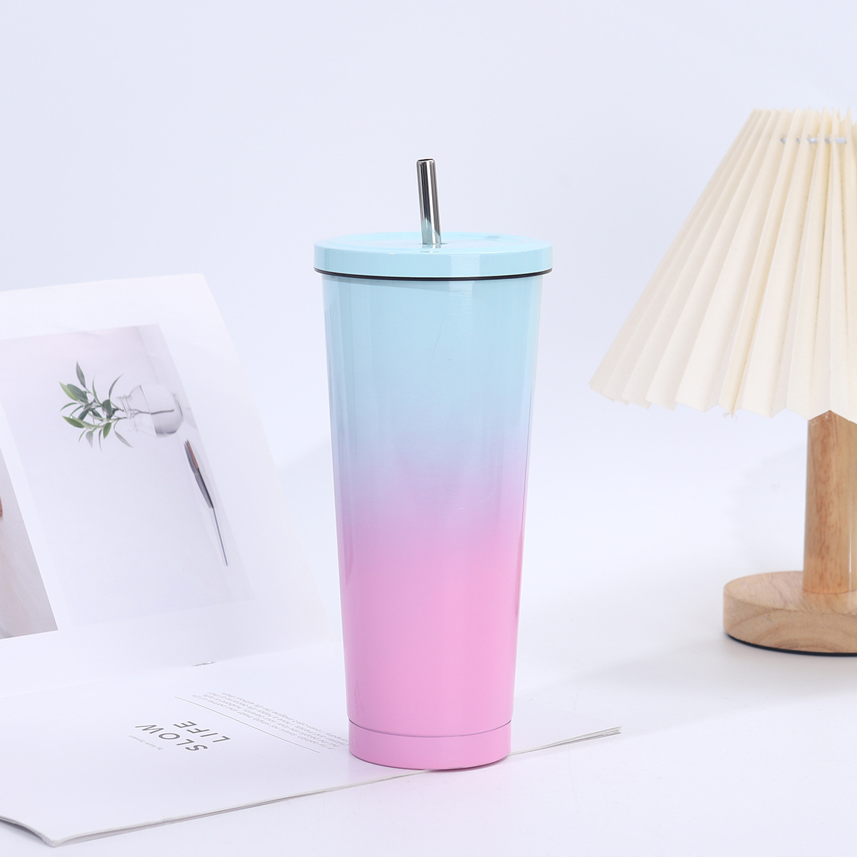Creativo café degradado 304 taza de vacío de acero inoxidable taza de hielo de gran capacidad taza de paja para exteriores