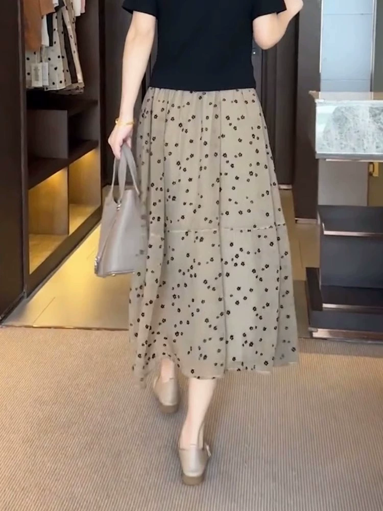 Юбка с цветочным принтом во французском стиле для женщин, лето 2025, свободная, большого размера, для похудения, с высокой талией, драпированная, элегантная, универсальная юбка-зонтик трапециевидной формы