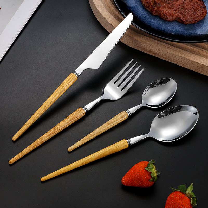 Cola puntiaguda 304 mango de madera de estilo japonés de la vendimia vajilla occidental de acero inoxidable Rosewood Steak cuchillo tenedor cuchara de postre cuchara traje