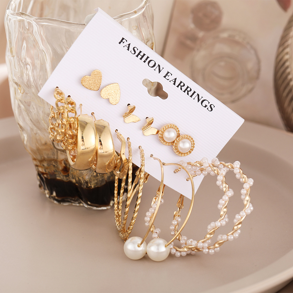 Creative Simple Pearl Butterfly Chain Hoop Earring 9 Piece Set Wholesale Nihaojewelry display picture 4