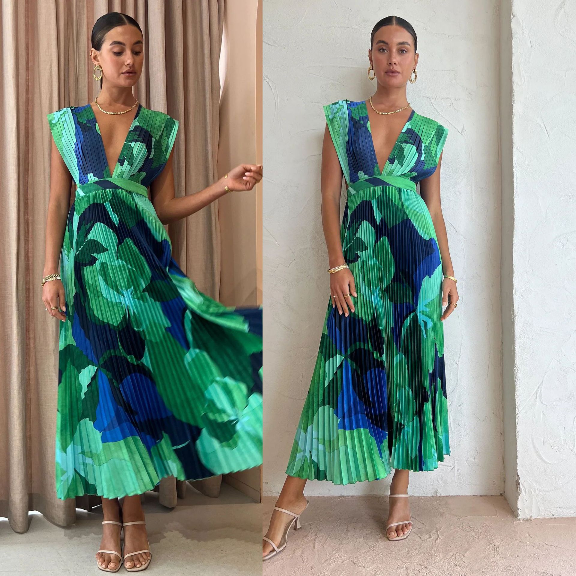 245g Weight Maxi Long Dress Dress Length Type Wholesale Women's Vacation Zipper Pleated Backless Color Block Holiday Travel V Neck Sleeveless Swing Dress